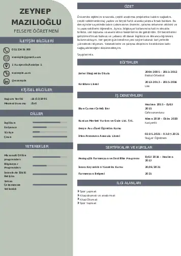 Felsefe Öğretmeni CV Örnekleri cv indir